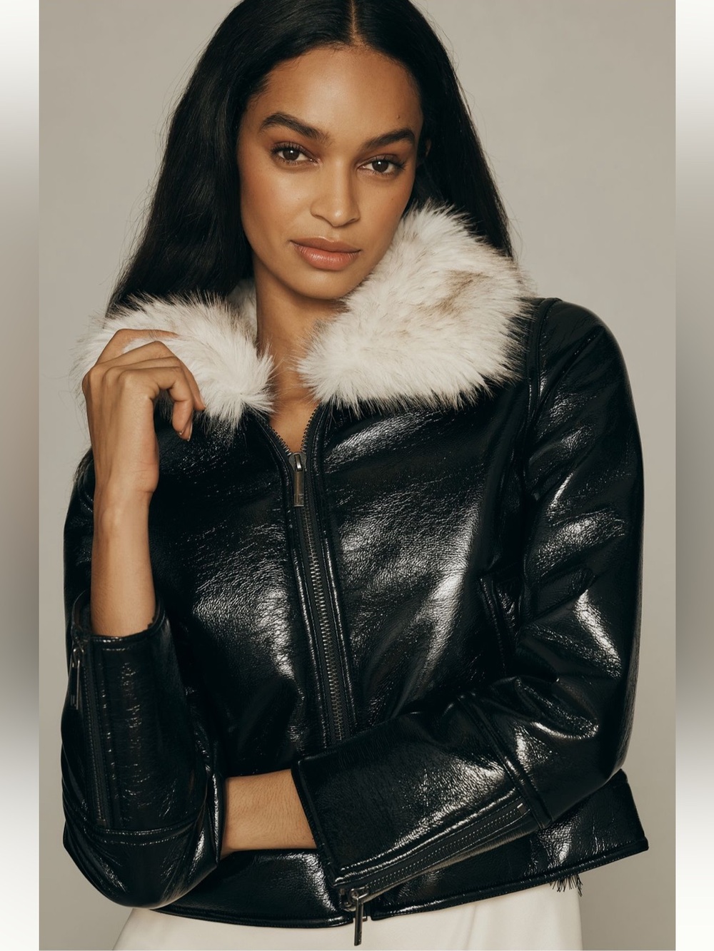 Unreal Fur Wet Look Faux Patent Leather Aviator Jacket